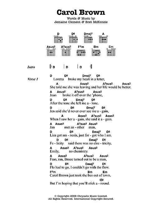 Flight Of The Conchords Carol Brown sheet music notes and chords arranged for Guitar Chords/Lyrics