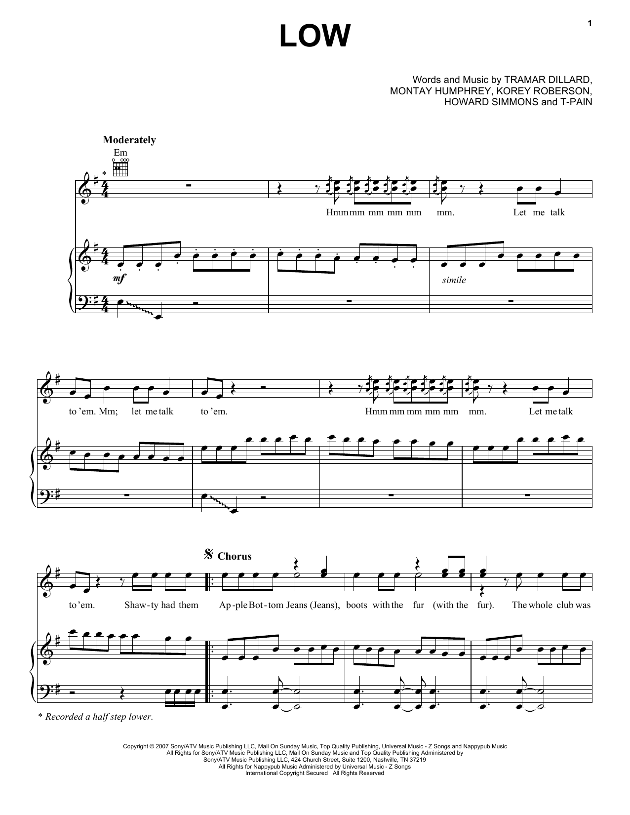 Flo Rida featuring T-Pain Low sheet music notes and chords arranged for Piano, Vocal & Guitar Chords (Right-Hand Melody)