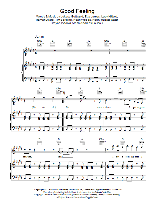 Flo Rida Good Feeling sheet music notes and chords arranged for Piano, Vocal & Guitar Chords