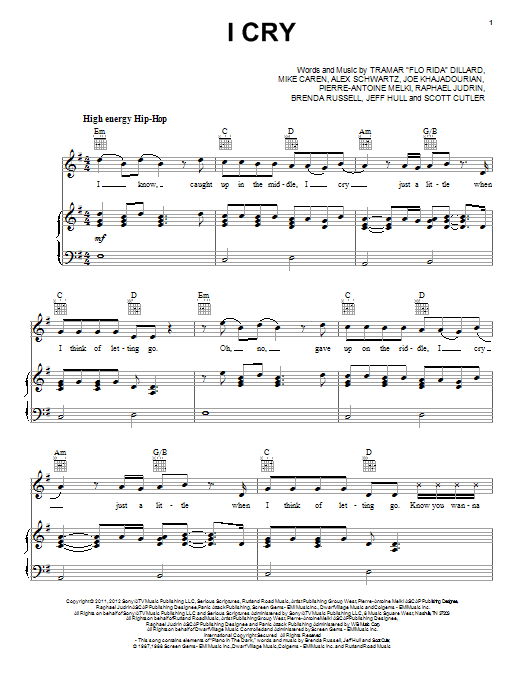 Flo Rida I Cry sheet music notes and chords arranged for Piano, Vocal & Guitar Chords (Right-Hand Melody)