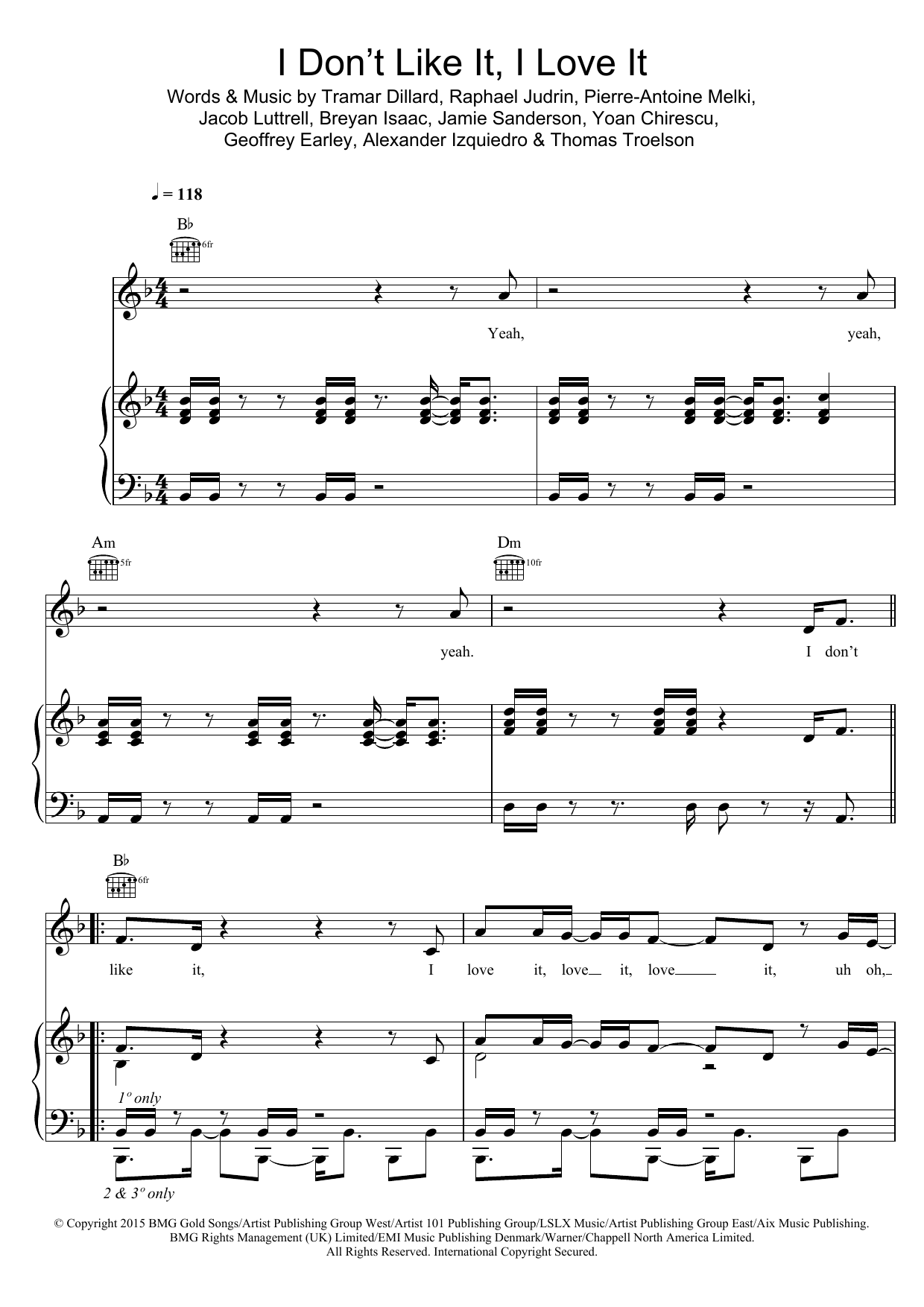 Flo Rida I Don't Like It, I Love It sheet music notes and chords arranged for Piano, Vocal & Guitar Chords
