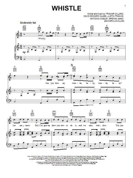 Flo Rida Whistle sheet music notes and chords arranged for Piano, Vocal & Guitar Chords