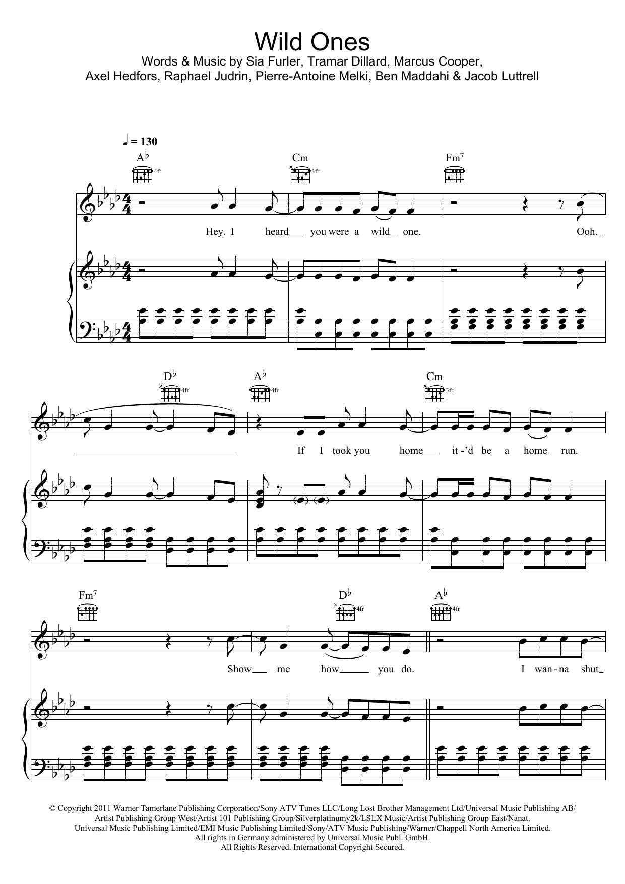 Flo Rida Wild Ones (featuring Sia) sheet music notes and chords arranged for Piano, Vocal & Guitar Chords