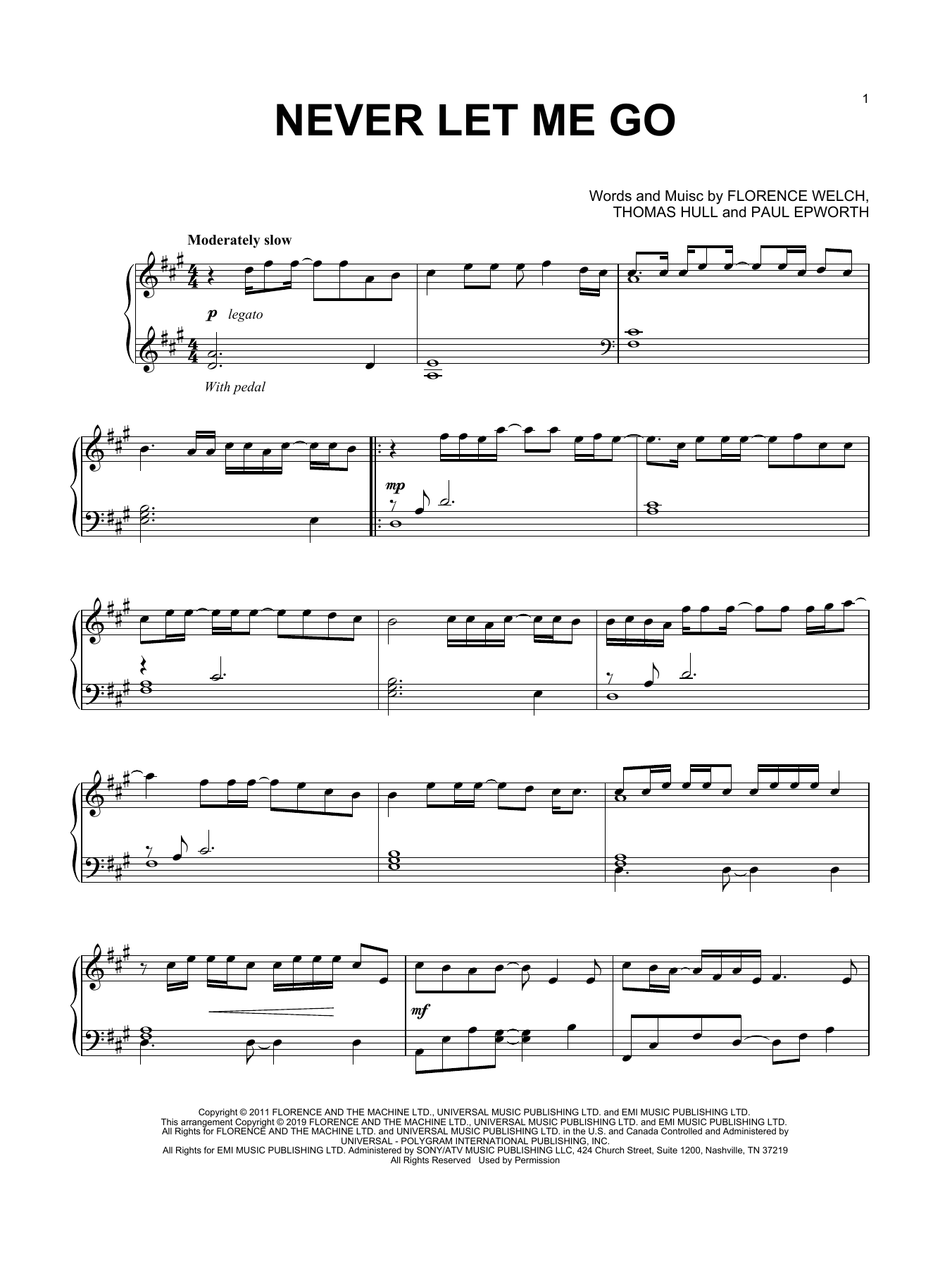Florence And The Machine Never Let Me Go sheet music notes and chords arranged for Piano Solo