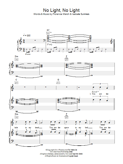 Florence And The Machine No Light, No Light sheet music notes and chords arranged for Piano, Vocal & Guitar Chords