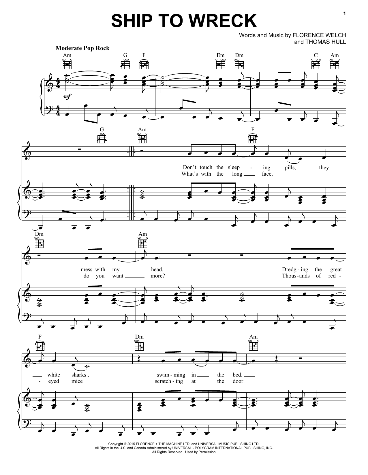 Florence And The Machine Ship To Wreck sheet music notes and chords arranged for Piano, Vocal & Guitar Chords (Right-Hand Melody)