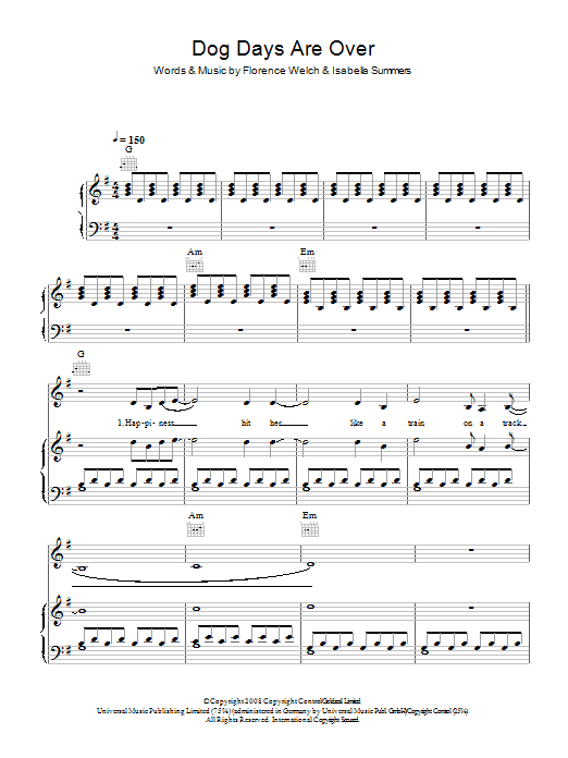 Florence And The  Machine Dog Days Are Over sheet music notes and chords arranged for Piano, Vocal & Guitar Chords (Right-Hand Melody)