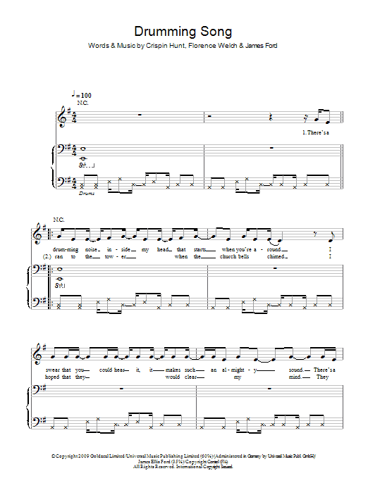 Florence And The  Machine Drumming Song sheet music notes and chords arranged for Piano, Vocal & Guitar Chords