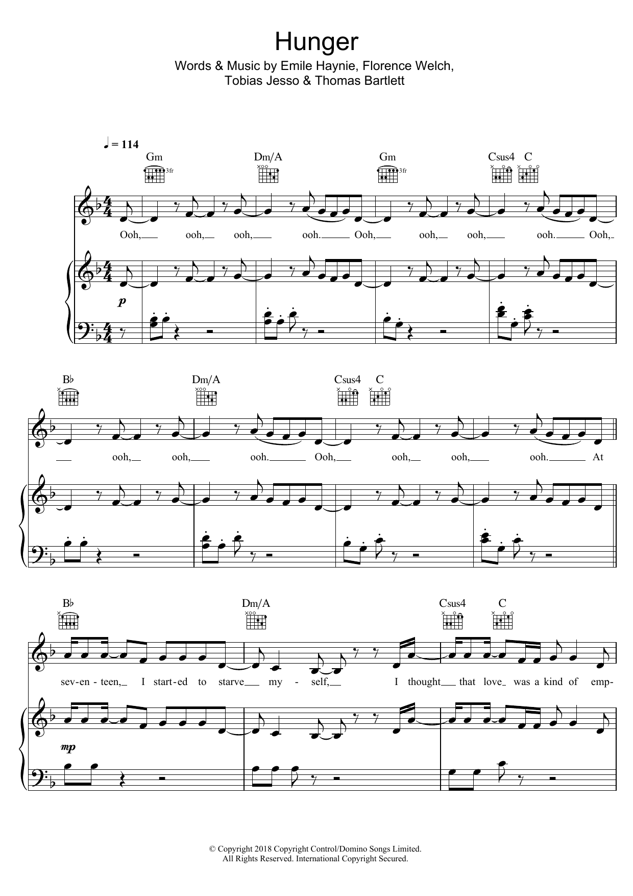Florence And The  Machine Hunger sheet music notes and chords arranged for Piano, Vocal & Guitar Chords