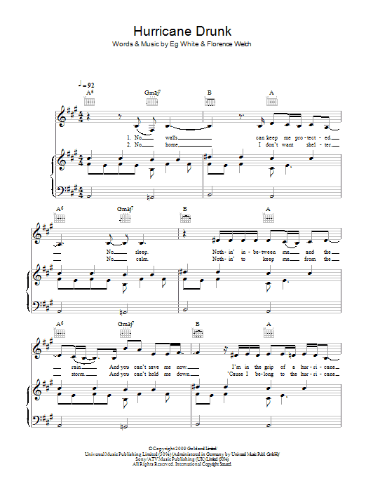 Florence And The  Machine Hurricane Drunk sheet music notes and chords arranged for Piano, Vocal & Guitar Chords