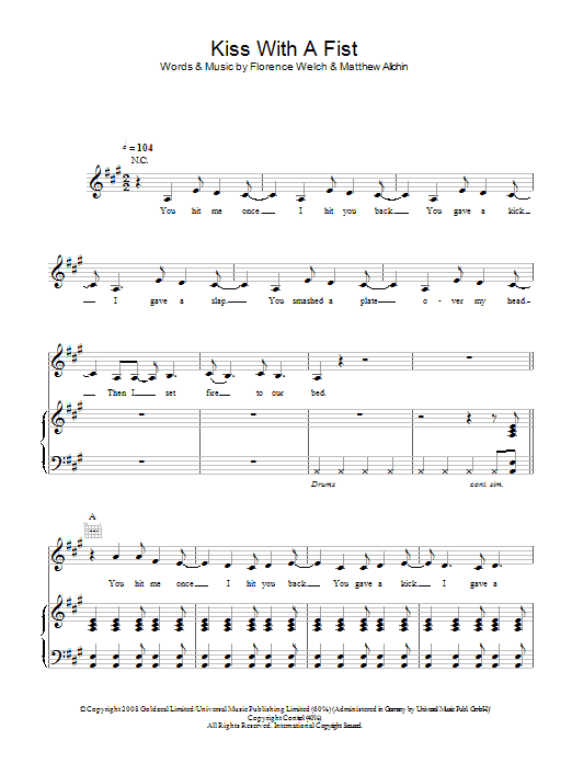 Florence And The  Machine Kiss With A Fist sheet music notes and chords arranged for Piano, Vocal & Guitar Chords