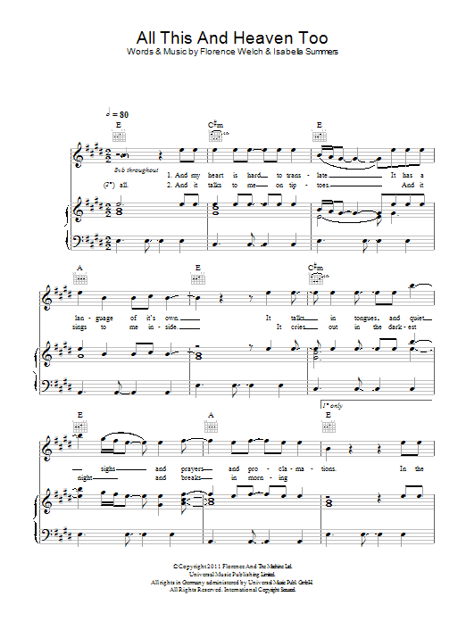 Florence And The Machine All This And Heaven Too sheet music notes and chords arranged for Piano, Vocal & Guitar Chords