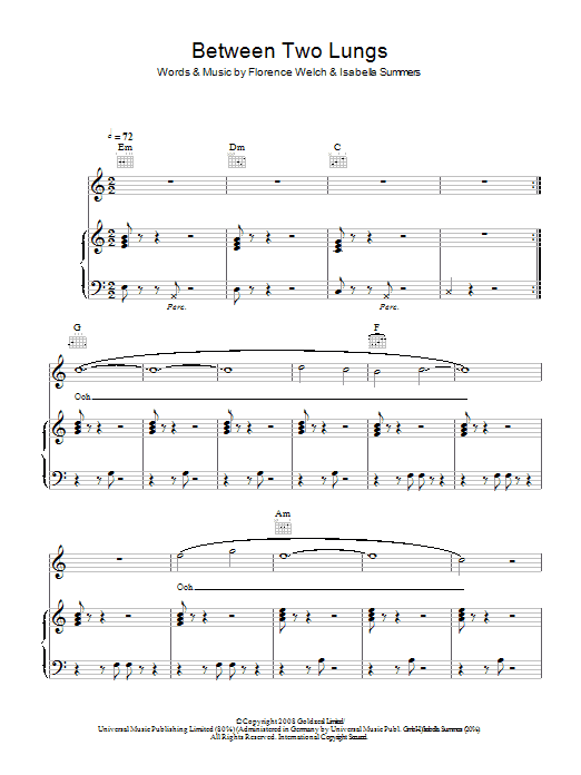 Florence And The  Machine Between Two Lungs sheet music notes and chords arranged for Piano, Vocal & Guitar Chords