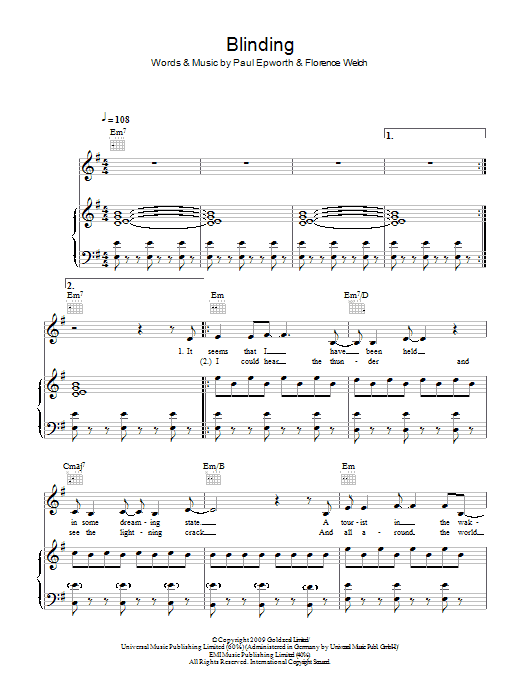 Florence And The  Machine Blinding sheet music notes and chords arranged for Piano, Vocal & Guitar Chords