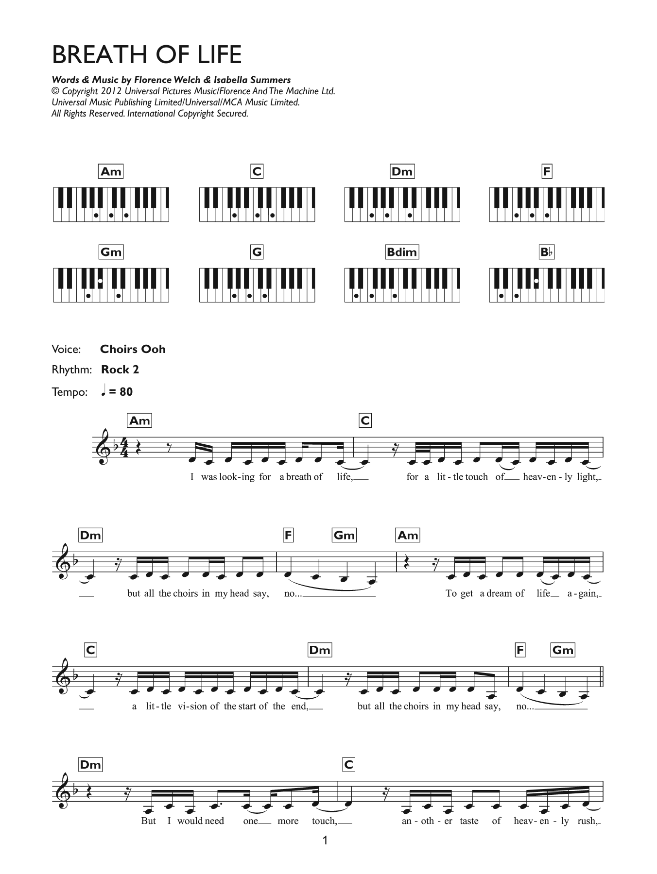 Florence And The Machine Breathe Of Life sheet music notes and chords arranged for Piano Chords/Lyrics