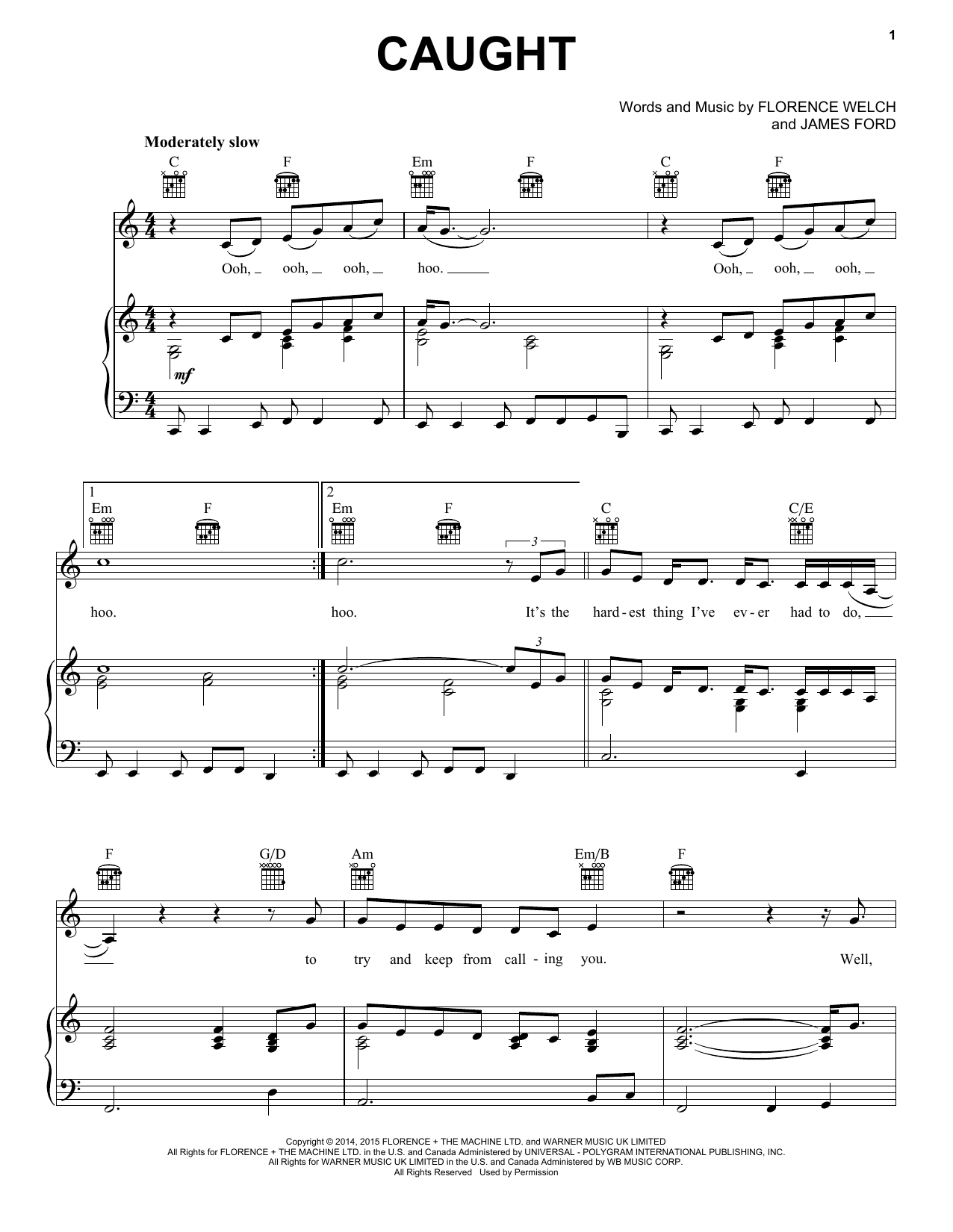 Florence And The Machine Caught sheet music notes and chords arranged for Piano, Vocal & Guitar Chords (Right-Hand Melody)