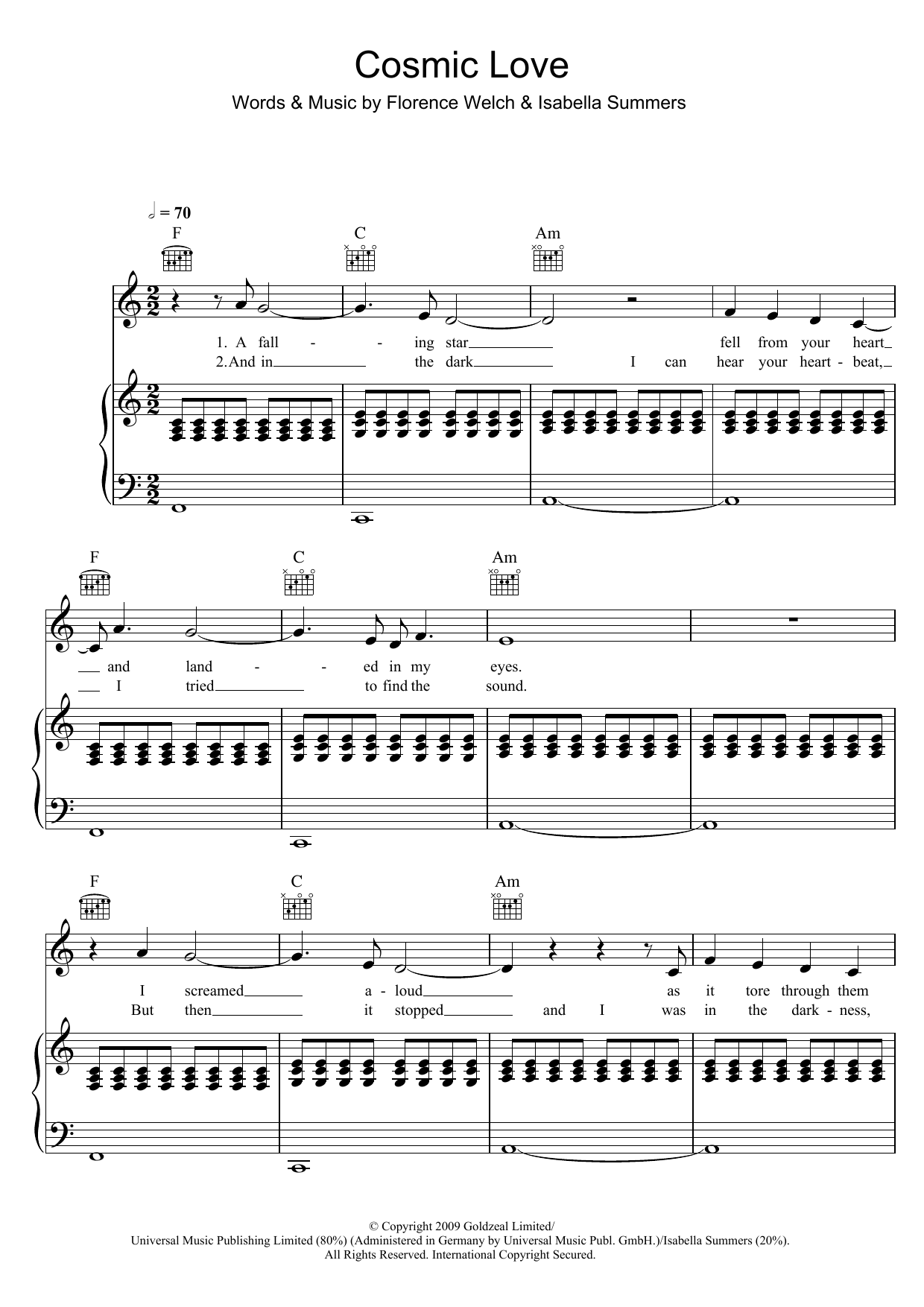 Florence And The Machine Cosmic Love sheet music notes and chords arranged for Piano, Vocal & Guitar Chords
