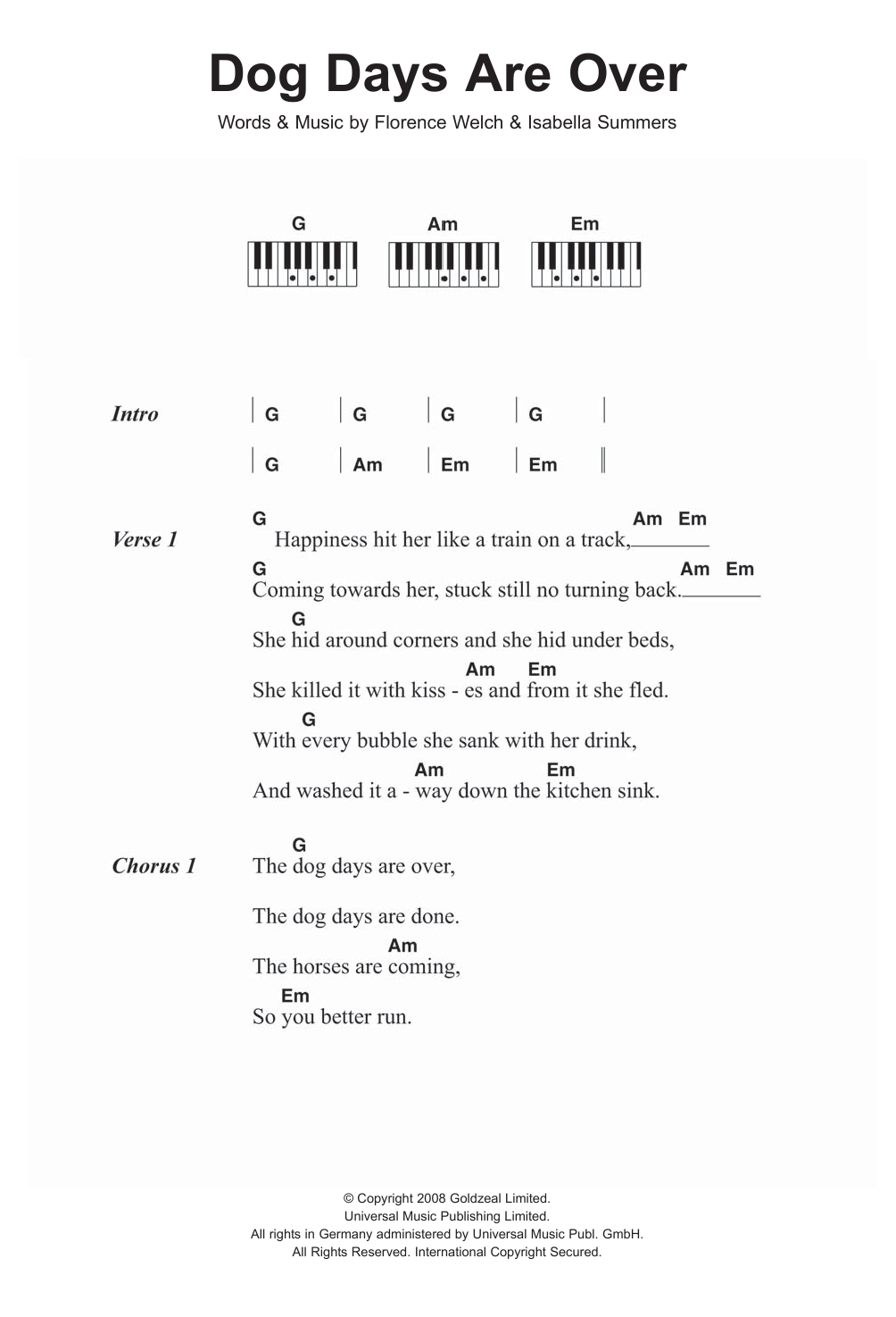 Florence And The Machine Dog Days Are Over sheet music notes and chords arranged for Guitar Chords/Lyrics