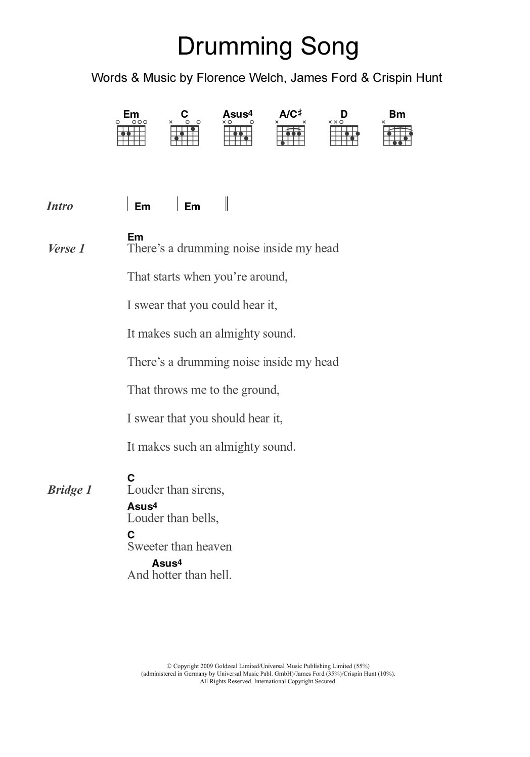 Florence And The Machine Drumming Song sheet music notes and chords arranged for Guitar Chords/Lyrics
