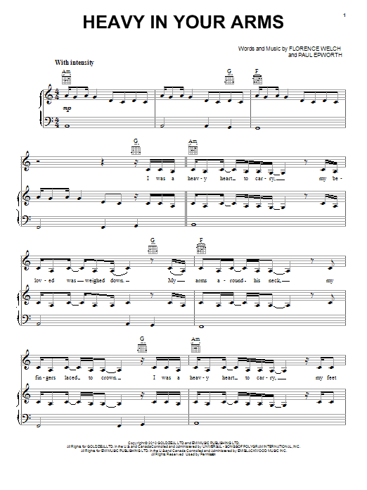Florence And The Machine Heavy In Your Arms sheet music notes and chords arranged for Piano, Vocal & Guitar Chords (Right-Hand Melody)