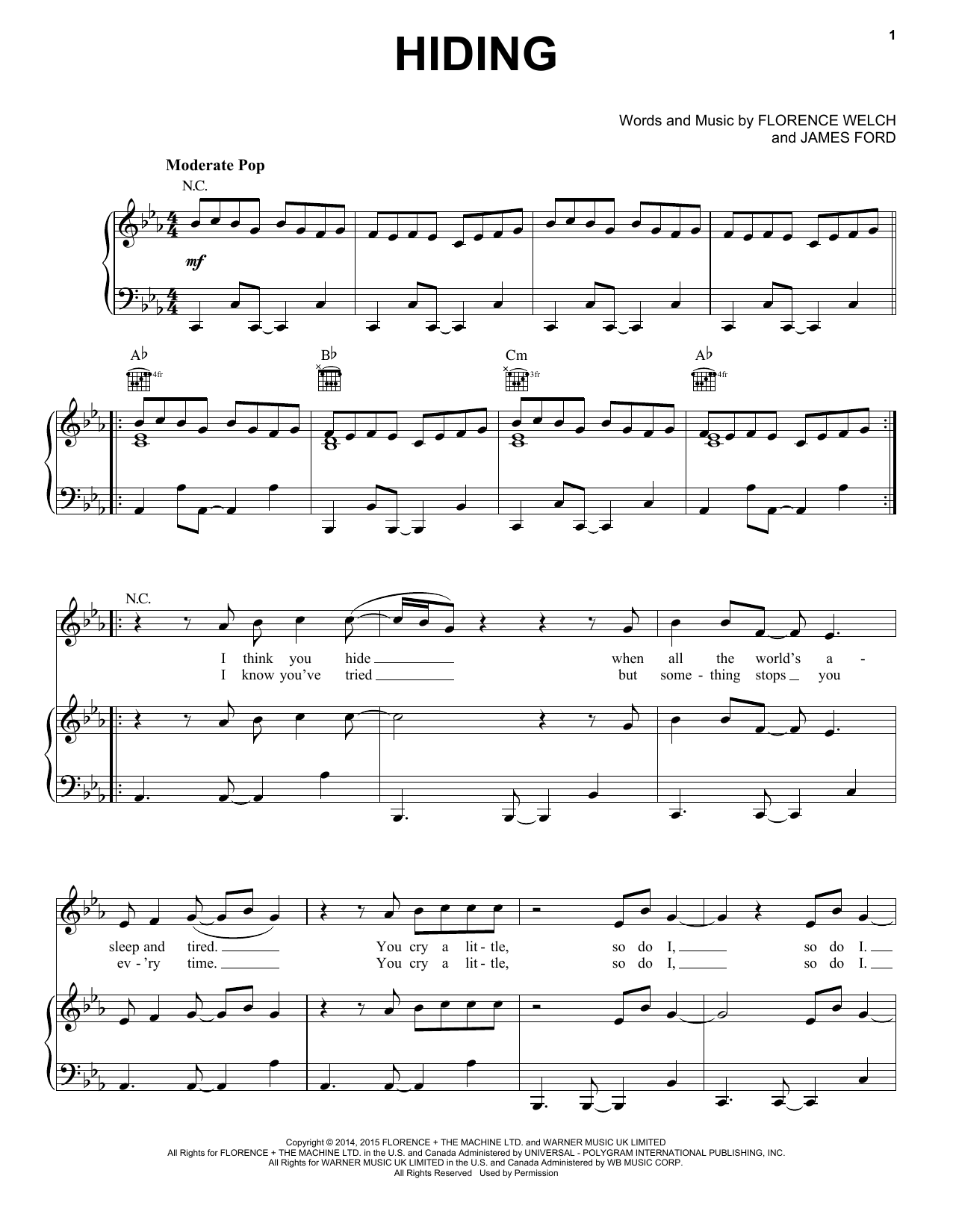 Florence And The Machine Hiding sheet music notes and chords arranged for Piano, Vocal & Guitar Chords (Right-Hand Melody)