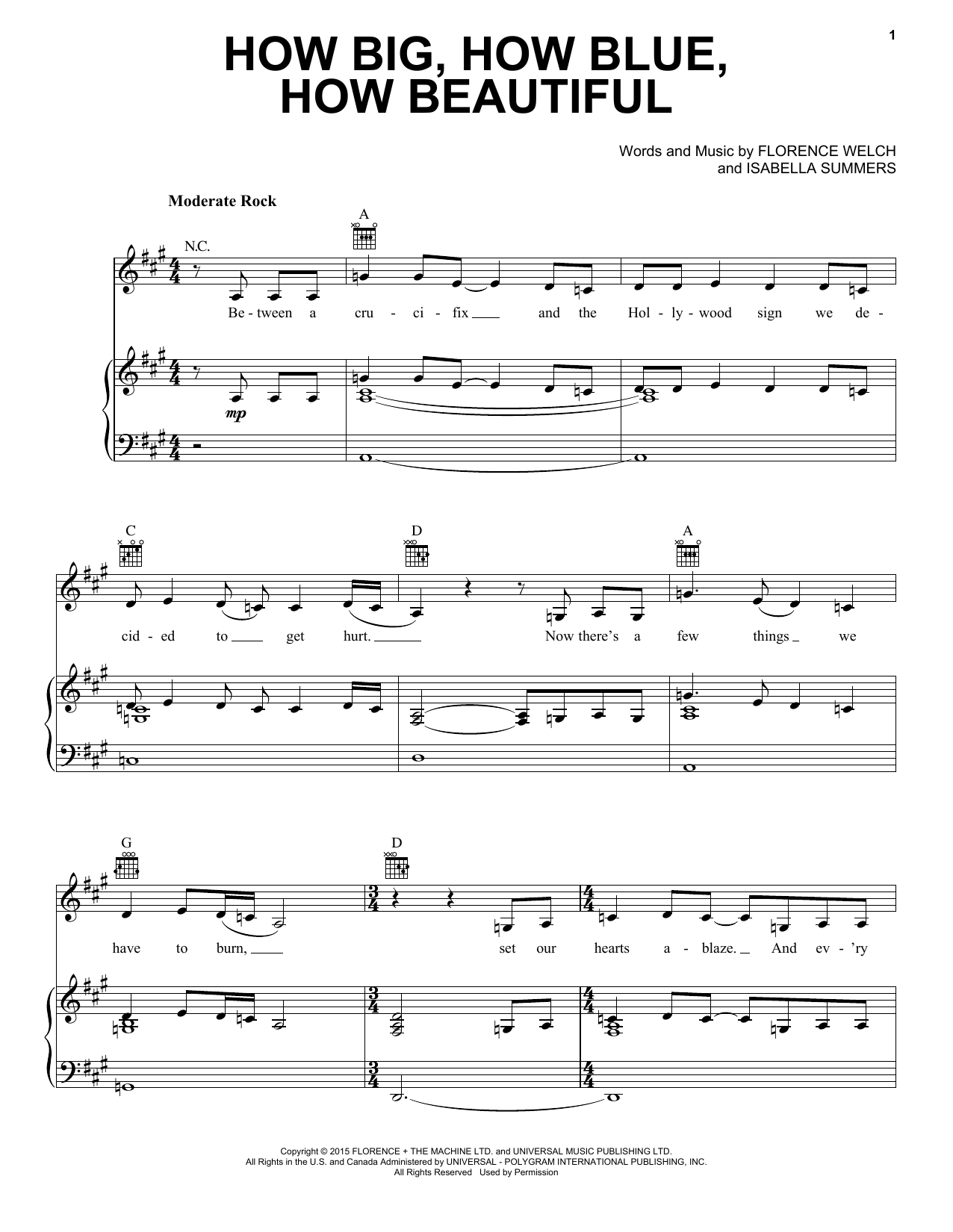 Florence And The Machine How Big, How Blue, How Beautiful sheet music notes and chords arranged for Piano, Vocal & Guitar Chords (Right-Hand Melody)