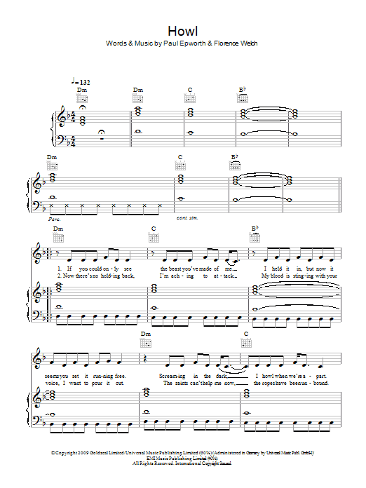 Florence And The  Machine Howl sheet music notes and chords arranged for Piano, Vocal & Guitar Chords