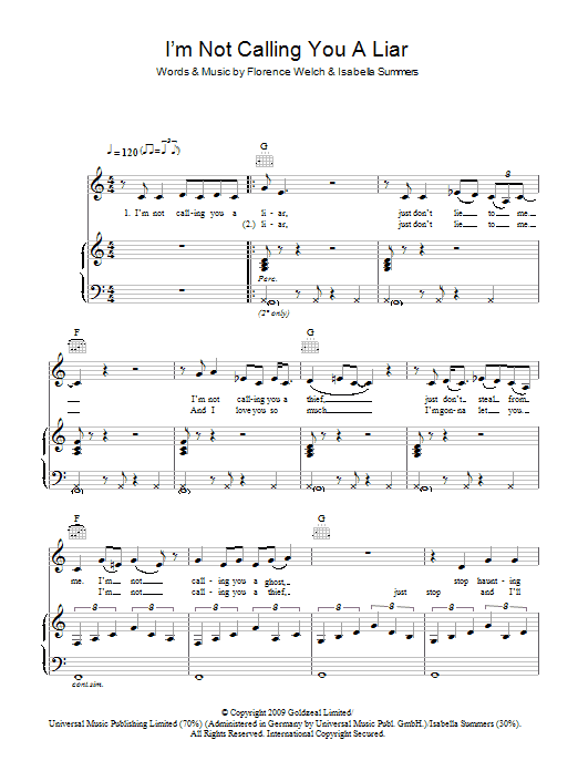 Florence And The  Machine I'm Not Calling You A Liar sheet music notes and chords arranged for Piano, Vocal & Guitar Chords