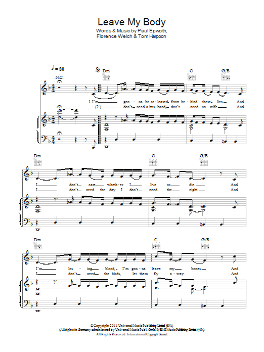 Florence And The Machine Leave My Body sheet music notes and chords arranged for Piano, Vocal & Guitar Chords