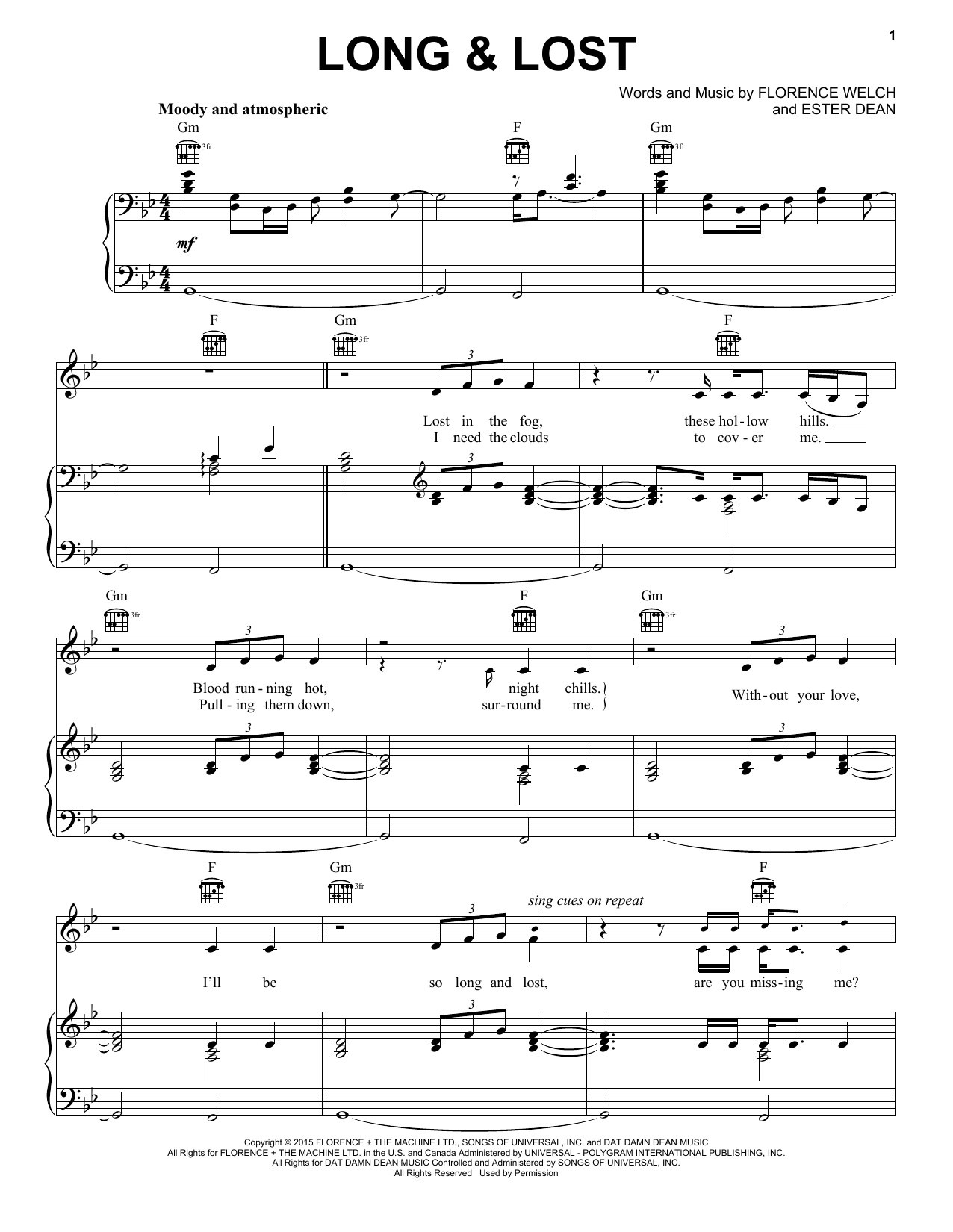 Florence And The Machine Long & Lost sheet music notes and chords arranged for Piano, Vocal & Guitar Chords (Right-Hand Melody)