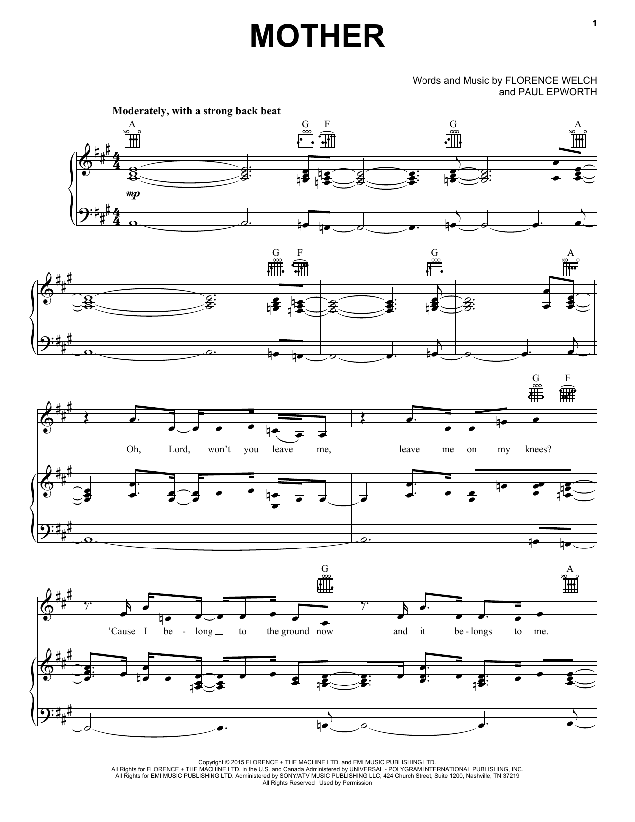 Florence And The Machine Mother sheet music notes and chords arranged for Piano, Vocal & Guitar Chords (Right-Hand Melody)