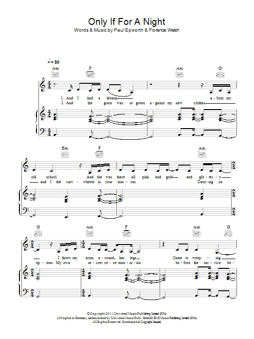 Florence And The Machine Only If For A Night sheet music notes and chords arranged for Piano, Vocal & Guitar Chords