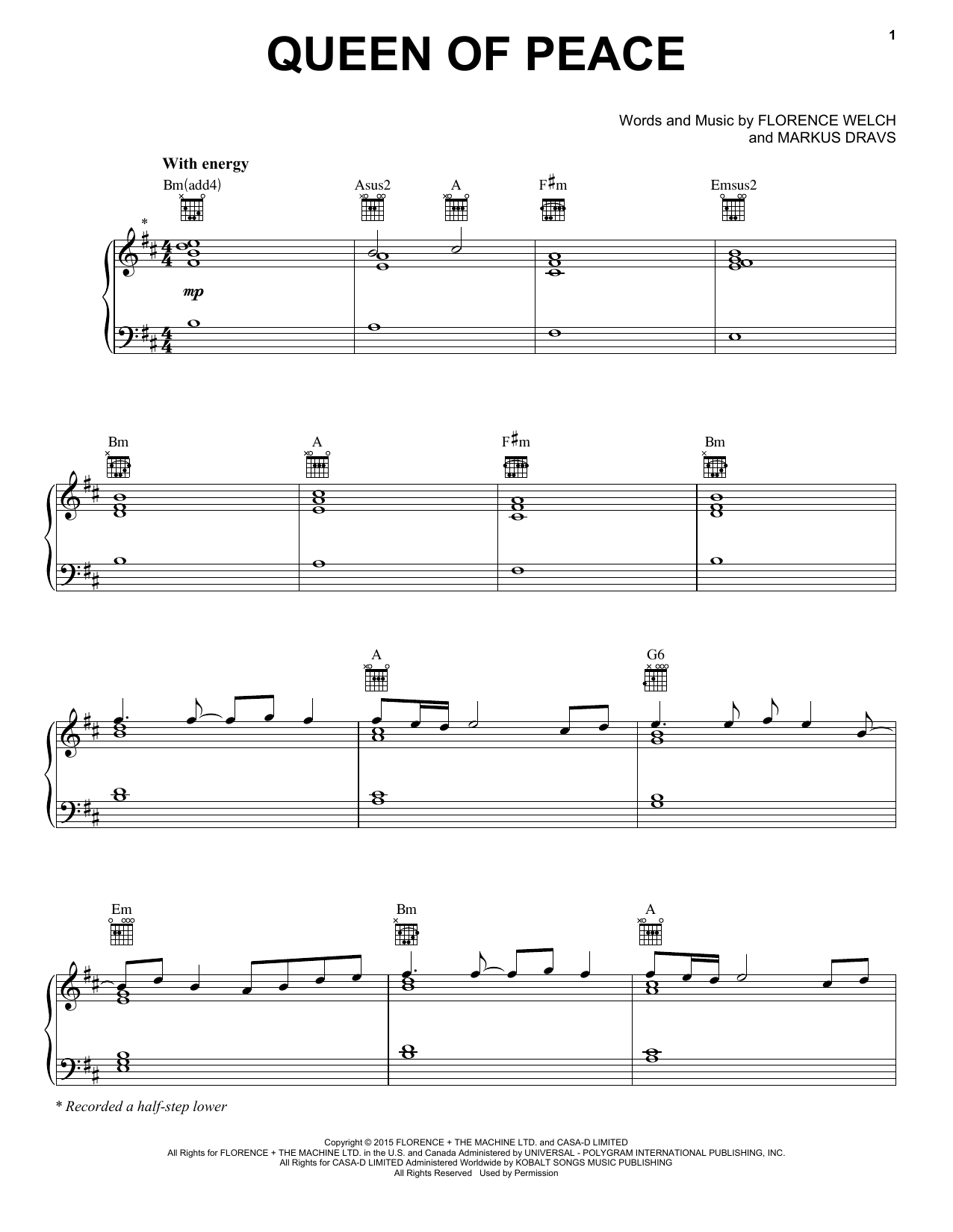 Florence And The Machine Queen Of Peace sheet music notes and chords arranged for Piano, Vocal & Guitar Chords (Right-Hand Melody)