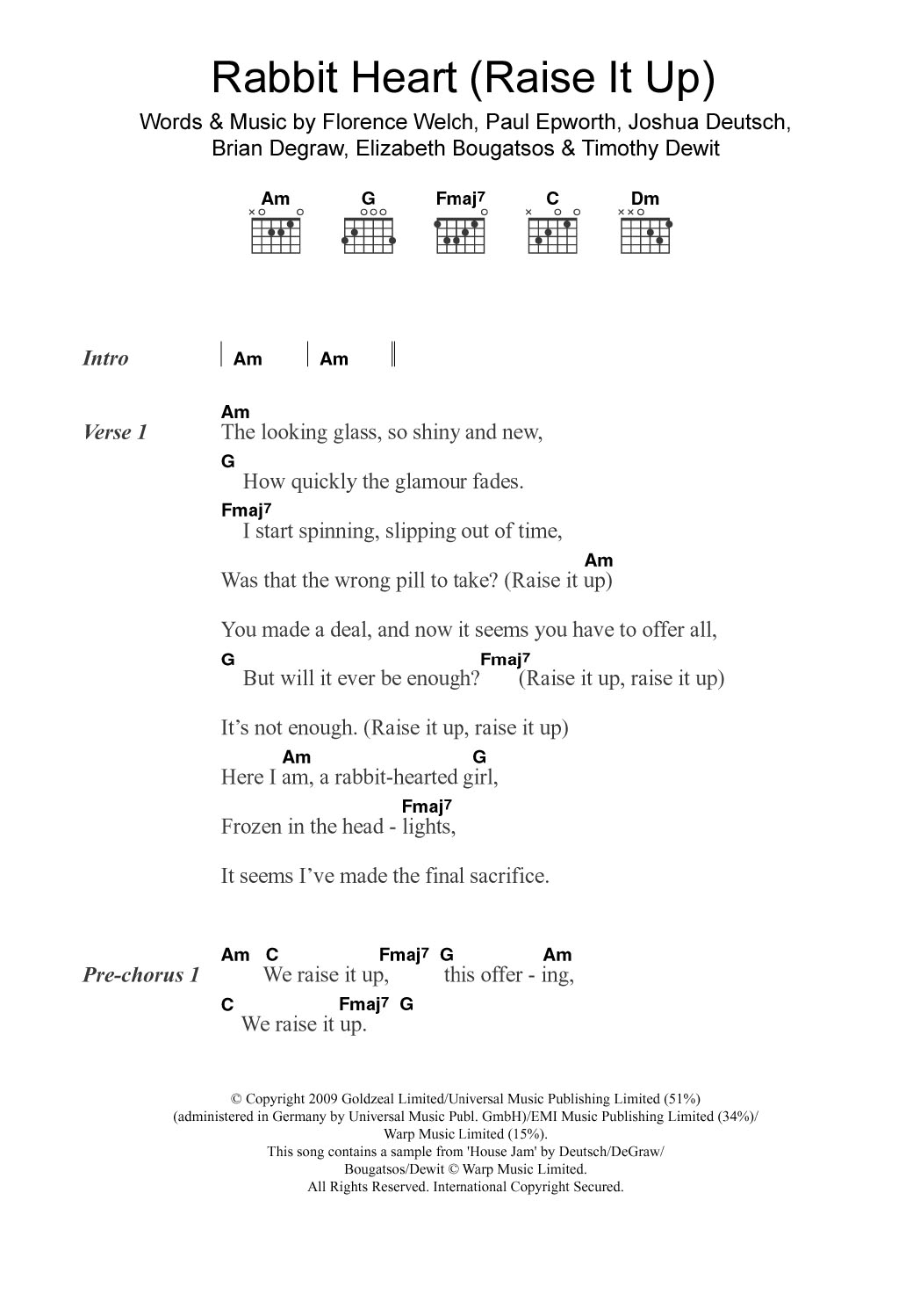 Florence And The Machine Rabbit Heart (Raise It Up) sheet music notes and chords arranged for Guitar Chords/Lyrics