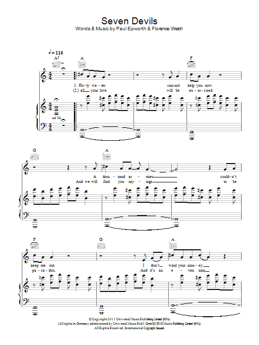 Florence And The Machine Seven Devils sheet music notes and chords arranged for Piano, Vocal & Guitar Chords