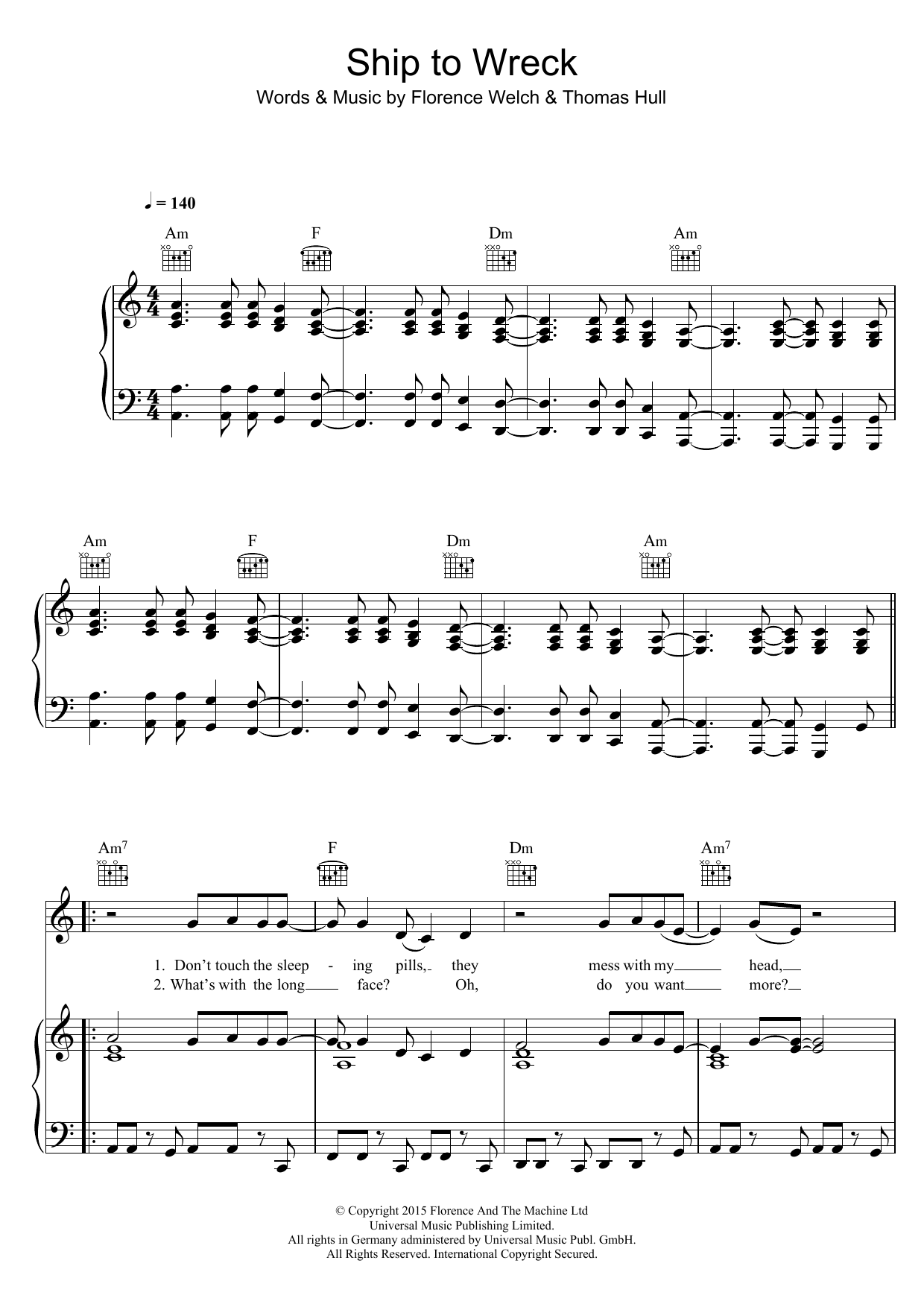 Florence And The Machine Ship To Wreck sheet music notes and chords arranged for Piano, Vocal & Guitar Chords
