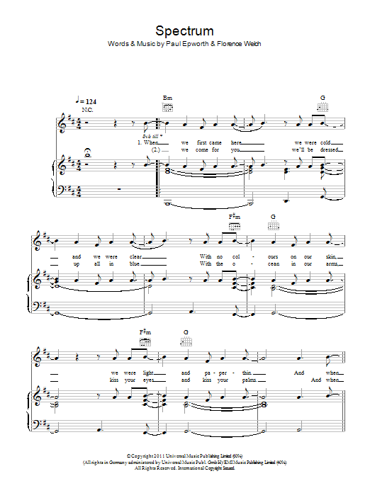 Florence And The Machine Spectrum sheet music notes and chords arranged for Piano, Vocal & Guitar Chords