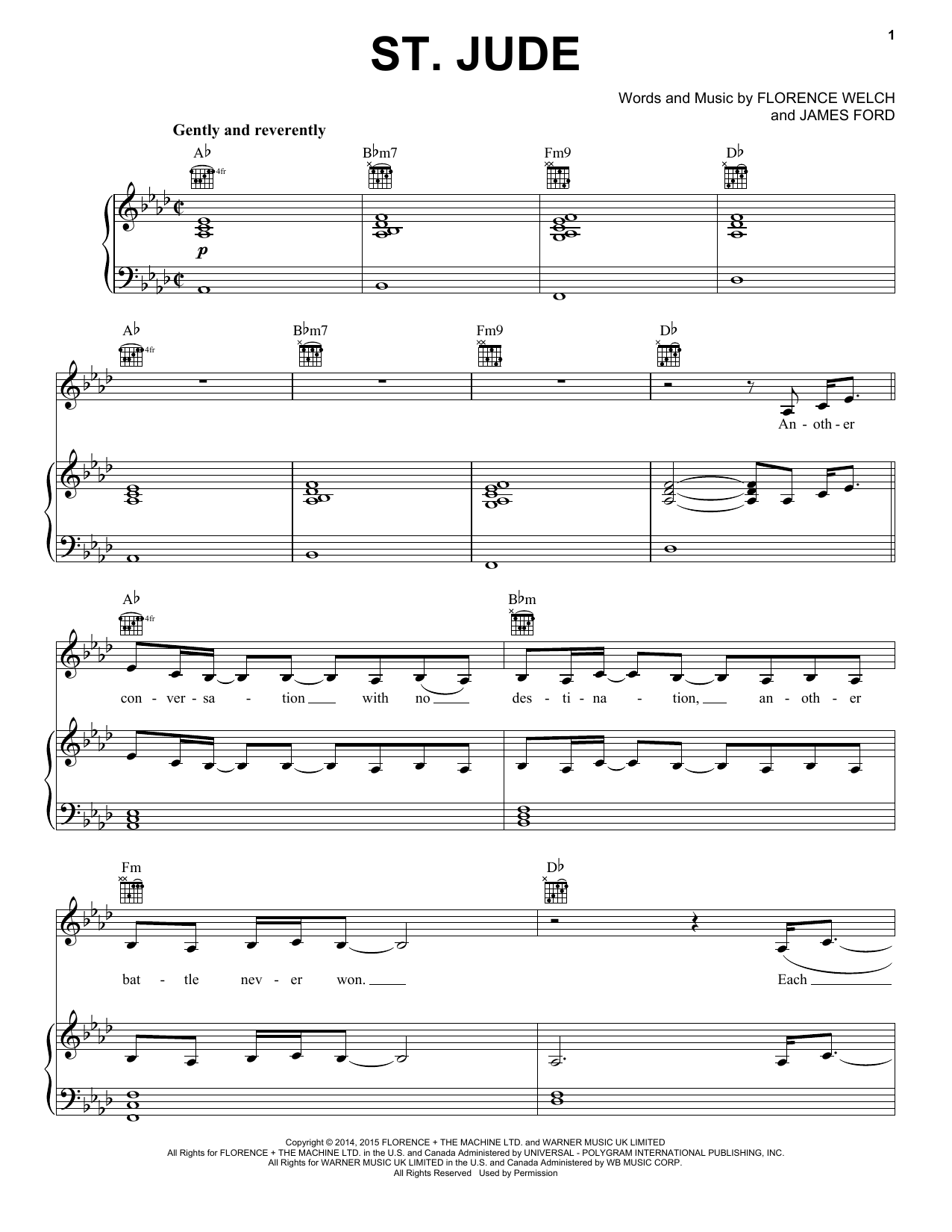 Florence And The Machine St. Jude sheet music notes and chords arranged for Piano, Vocal & Guitar Chords (Right-Hand Melody)