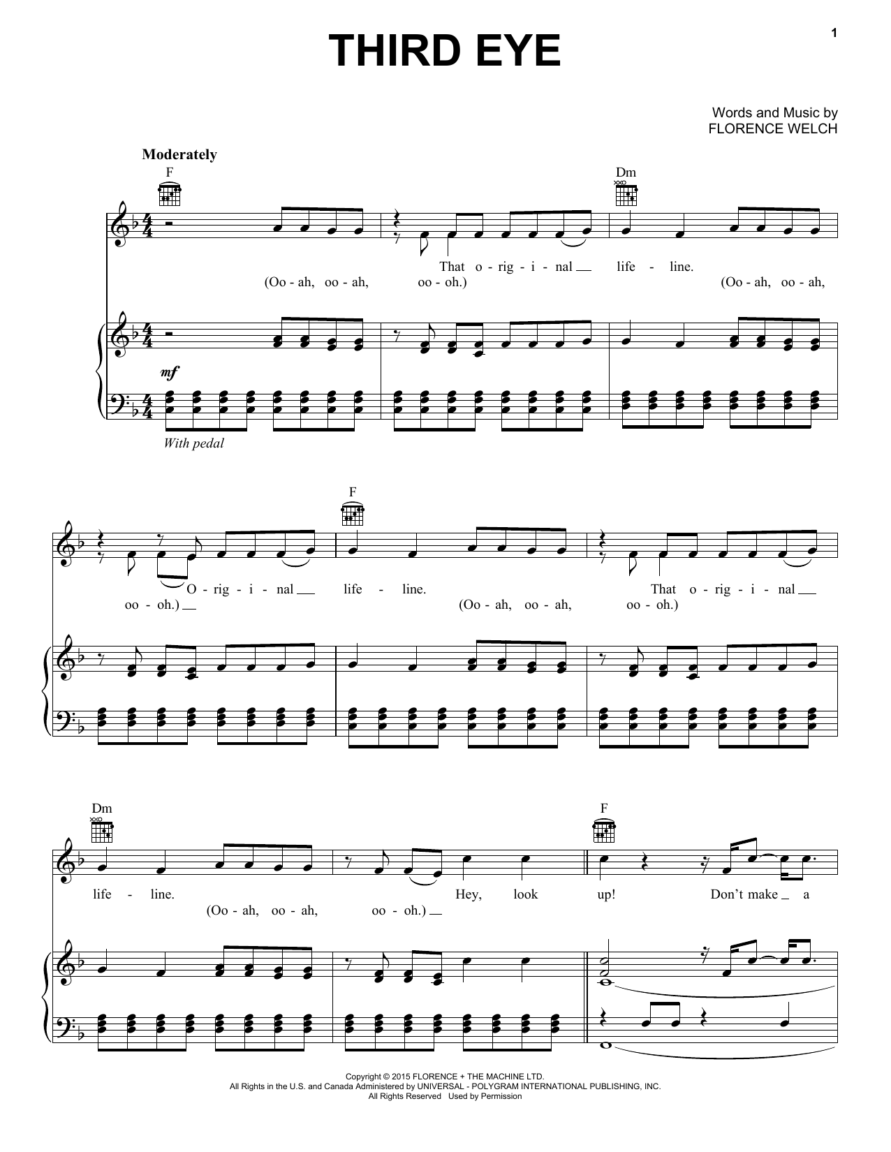 Florence And The Machine Third Eye sheet music notes and chords arranged for Piano, Vocal & Guitar Chords (Right-Hand Melody)