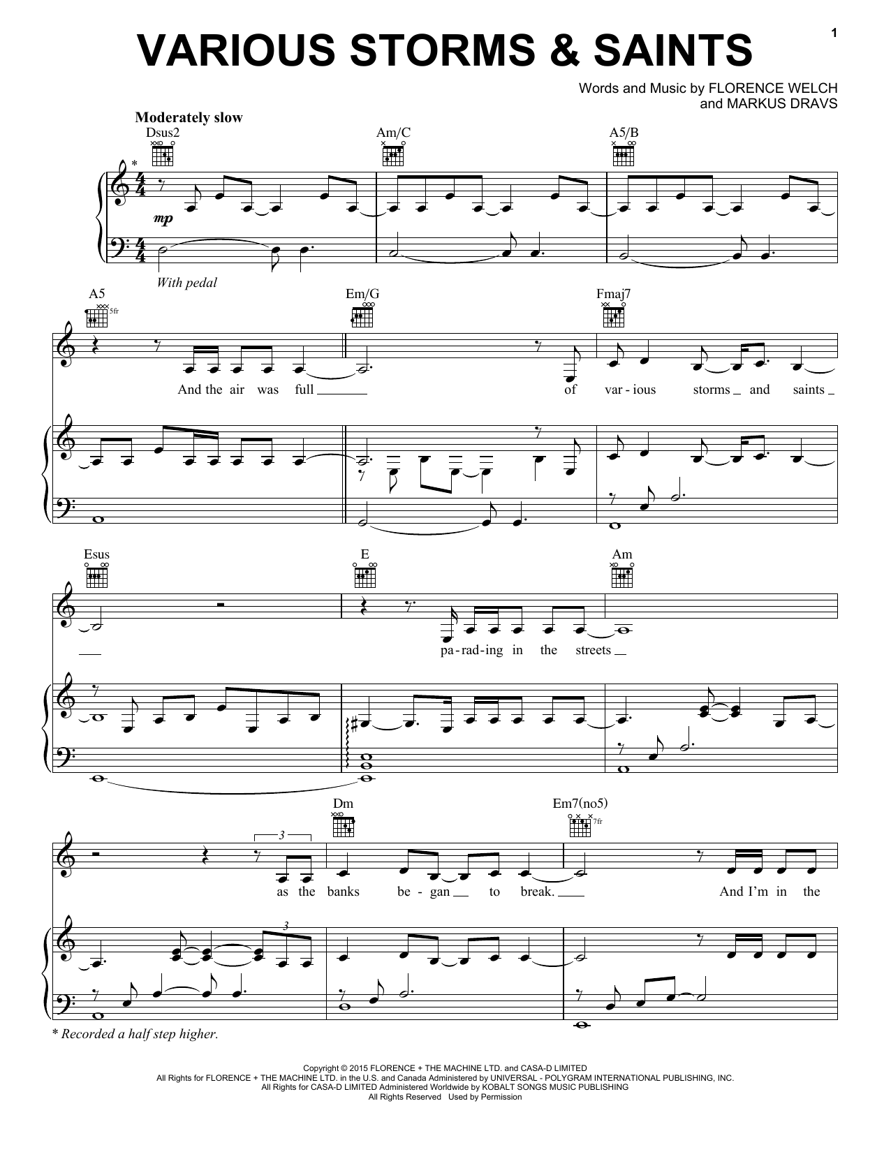 Florence And The Machine Various Storms And Saints sheet music notes and chords arranged for Piano, Vocal & Guitar Chords (Right-Hand Melody)