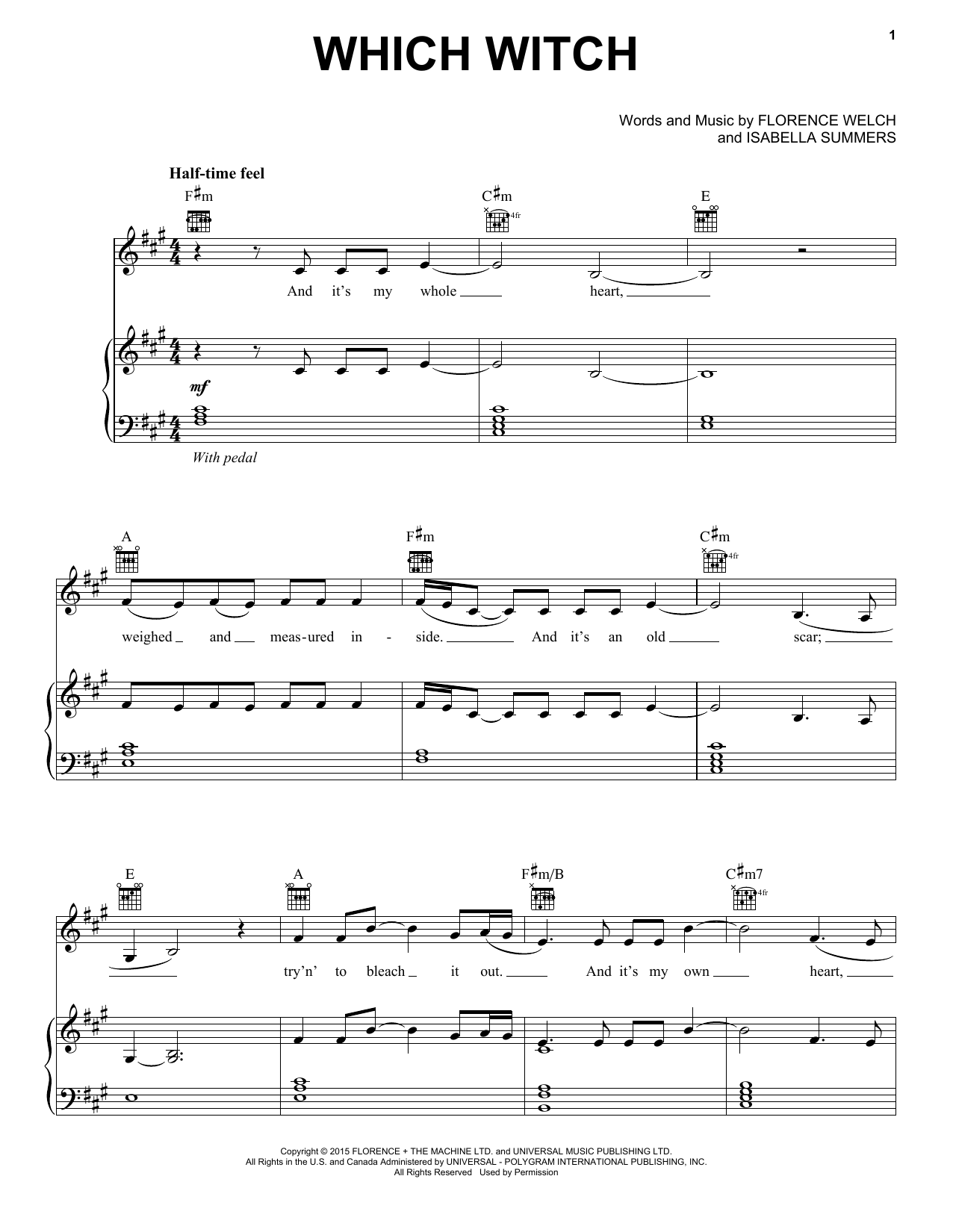 Florence And The Machine Which Witch sheet music notes and chords arranged for Piano, Vocal & Guitar Chords (Right-Hand Melody)
