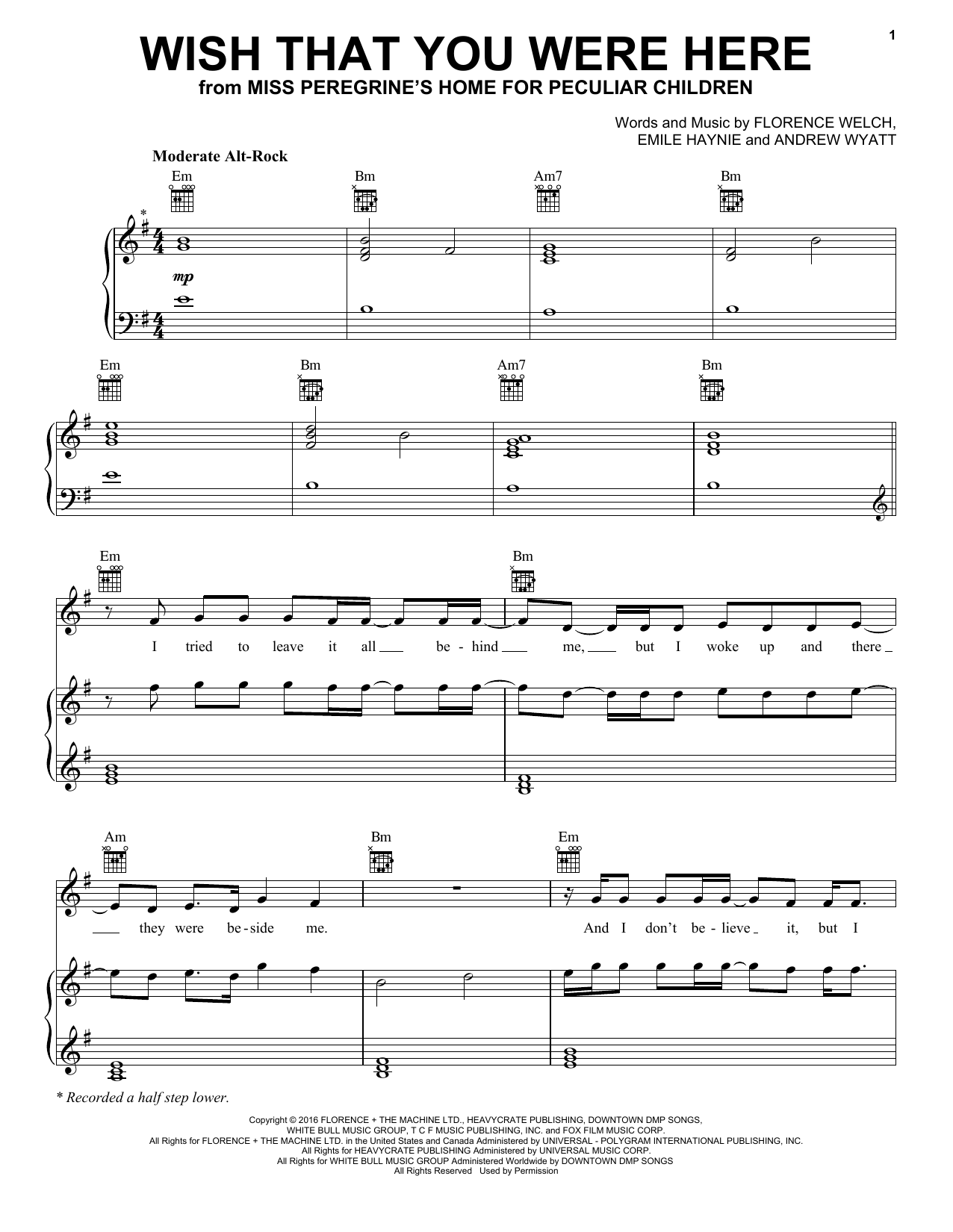 Florence And The Machine Wish That You Were Here sheet music notes and chords arranged for Piano, Vocal & Guitar Chords (Right-Hand Melody)