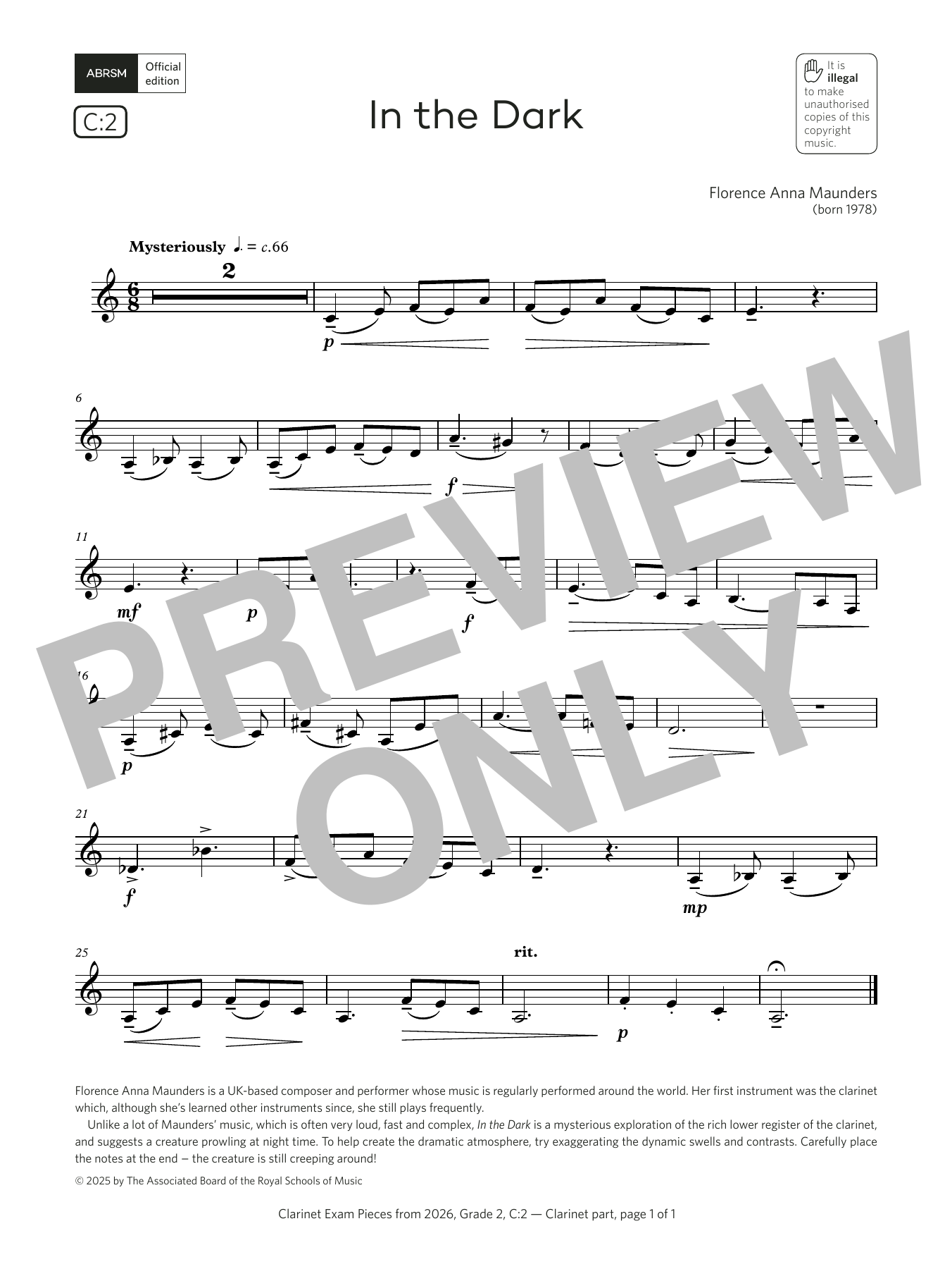 Florence Anna Maunders In the Dark (Grade 2, list C2, from the ABRSM Clarinet Syllabus from 2026) sheet music notes and chords arranged for Clarinet Solo