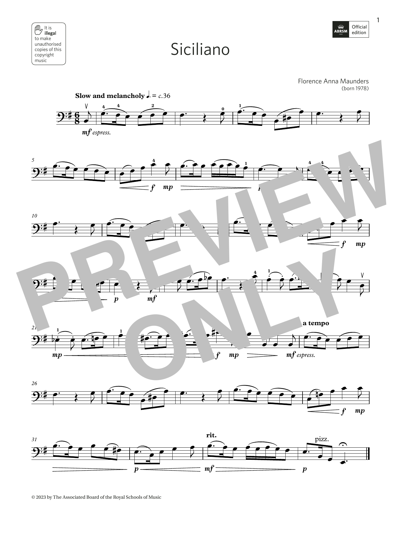 Florence Anna Maunders Siciliano (Grade 4, B12, from the ABRSM Double Bass Syllabus from 2024) sheet music notes and chords arranged for String Bass Solo