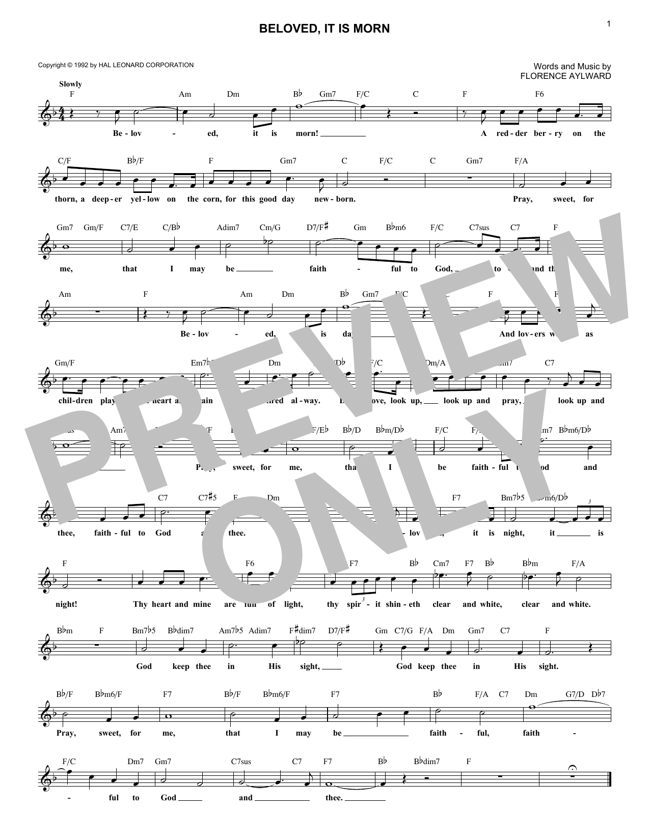 Florence Aylward Beloved, It Is Morn sheet music notes and chords arranged for Lead Sheet / Fake Book