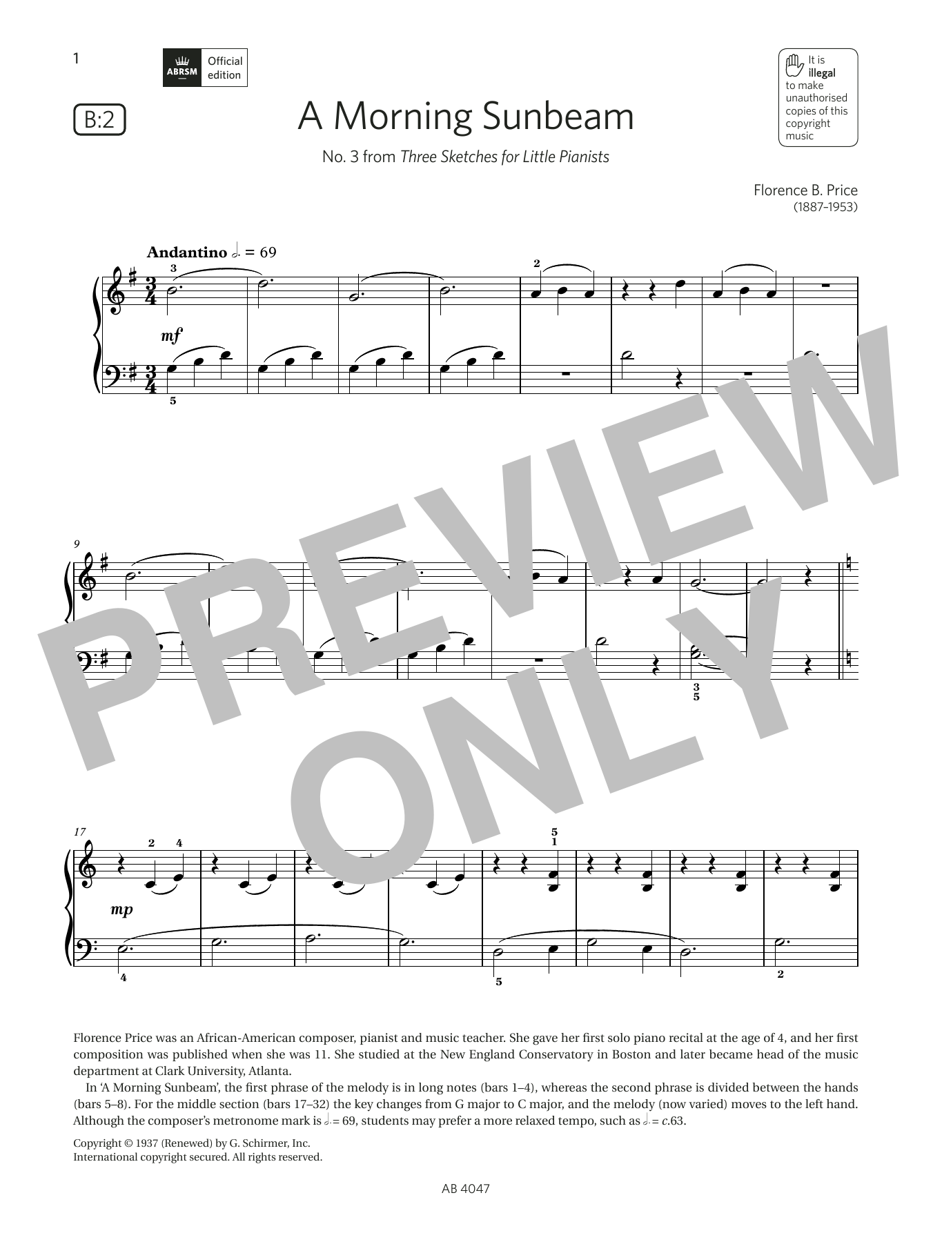 Florence B. Price A Morning Sunbeam (Grade 1, list B2, from the ABRSM Piano Syllabus 2023 & 2024) sheet music notes and chords arranged for Piano Solo
