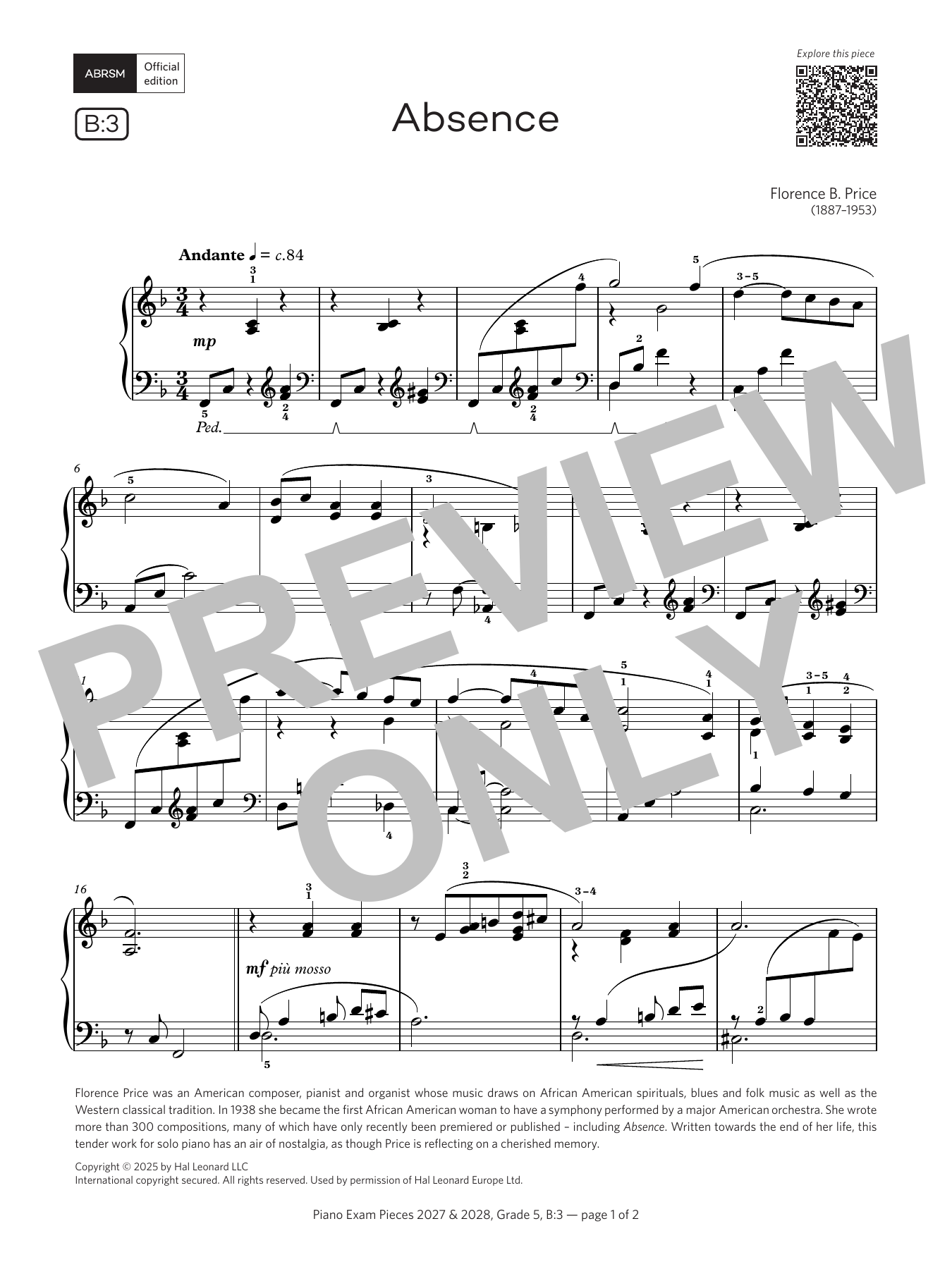 Florence B. Price Absence (Grade 5, list B3, from the ABRSM Piano Syllabus 2027 & 2028) sheet music notes and chords arranged for Piano Solo
