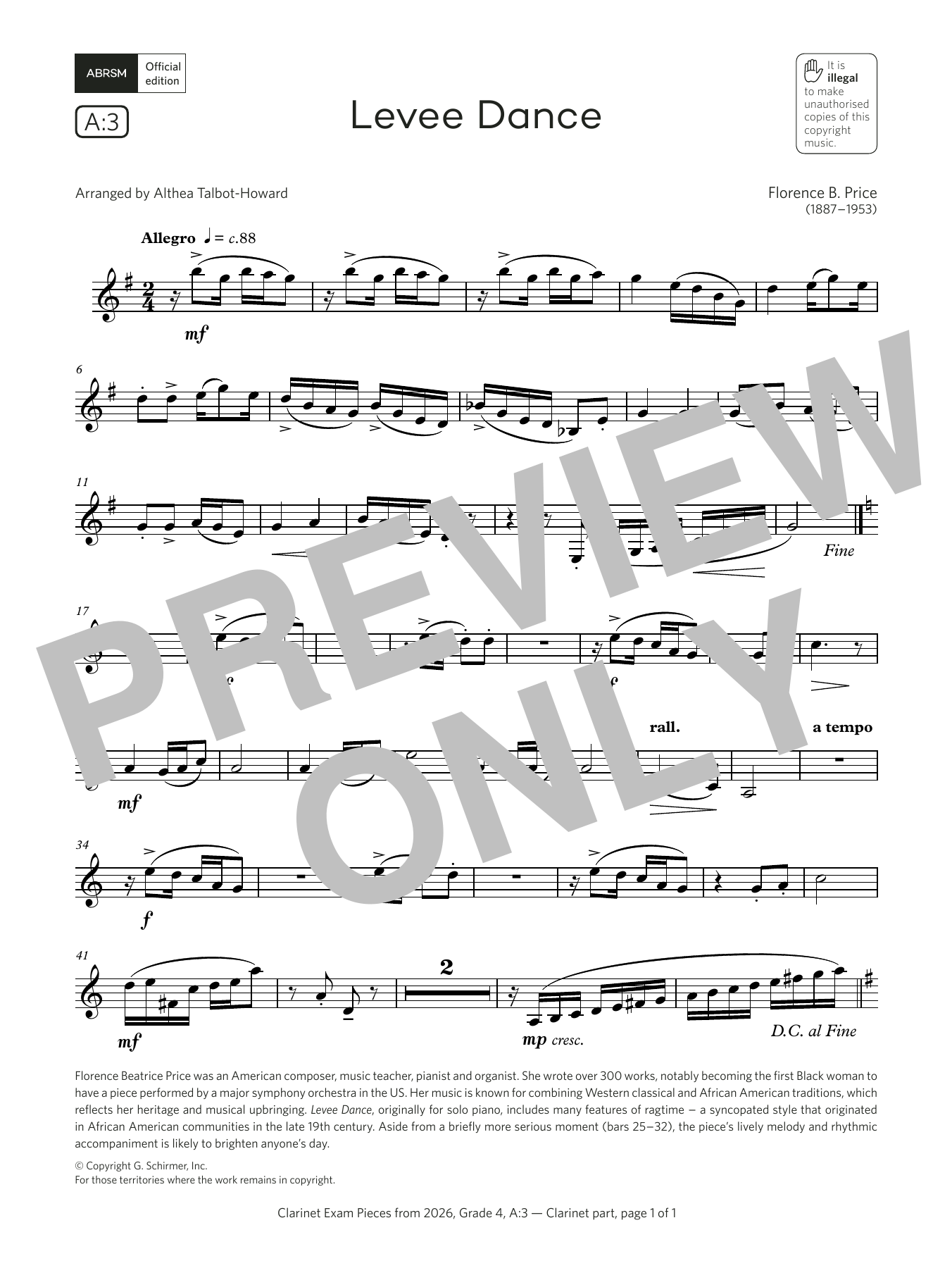 Florence B. Price Levee Dance (Grade 4, list A3, from the ABRSM Clarinet Syllabus from 2026) sheet music notes and chords arranged for Clarinet Solo
