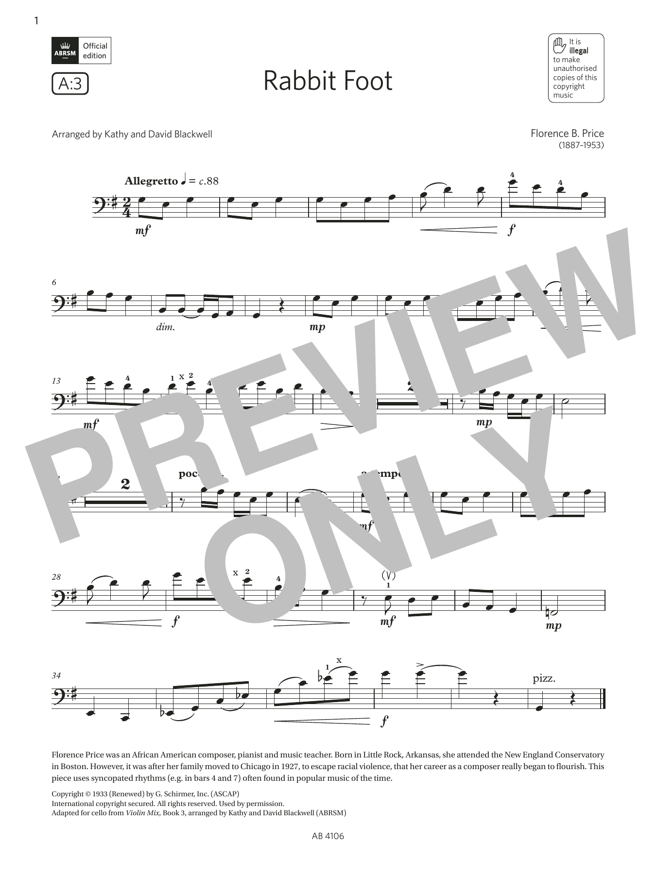 Florence B. Price Rabbit Foot (Grade 3, A3, from the ABRSM Cello Syllabus from 2024) sheet music notes and chords arranged for Cello Solo