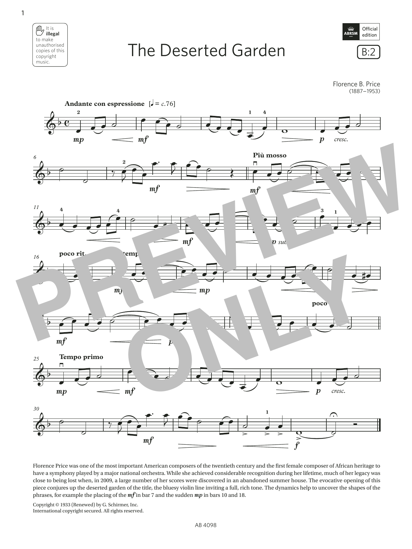 Florence B. Price The Deserted Garden (Grade 4, B2, from the ABRSM Violin Syllabus from 2024) sheet music notes and chords arranged for Violin Solo